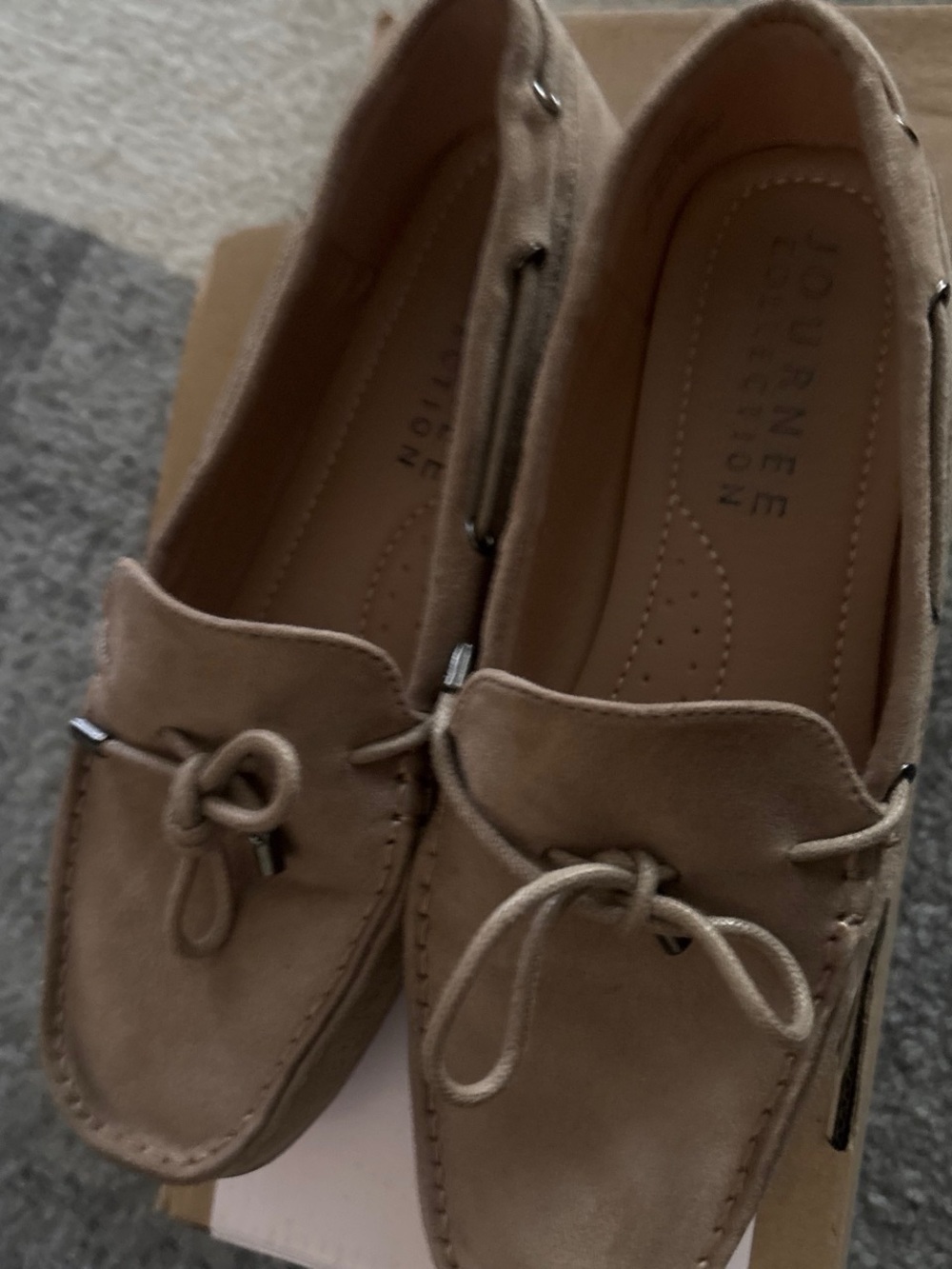 Journee Collection Taupe Suede Moccasin Loafers with Bow